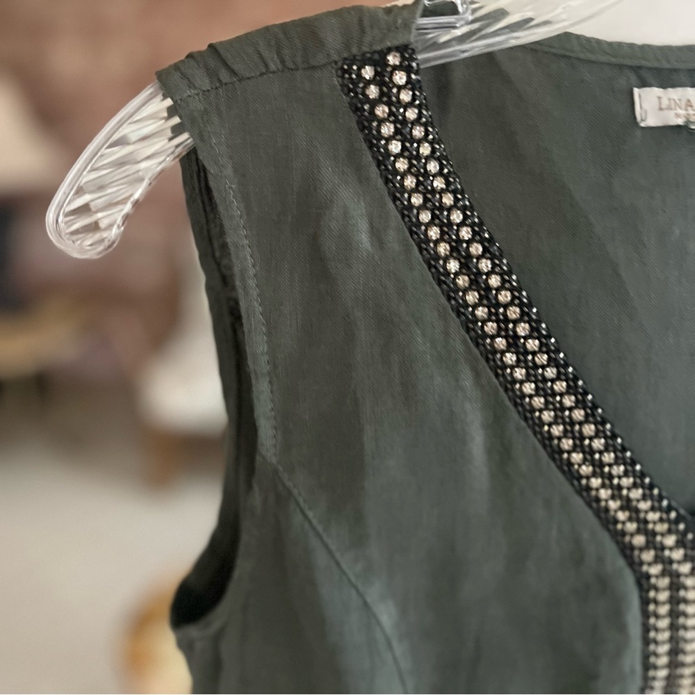Lina Tomei Italy Dress Green Linen Rhinestone Beaded Neck Sheath Mini S Chic - Picture 6 of 13